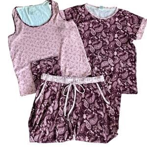 Lucky Brand 3-Piece Pajama Set Burgundy Pink Paisley Soft Cuddly Knit Size SMALL